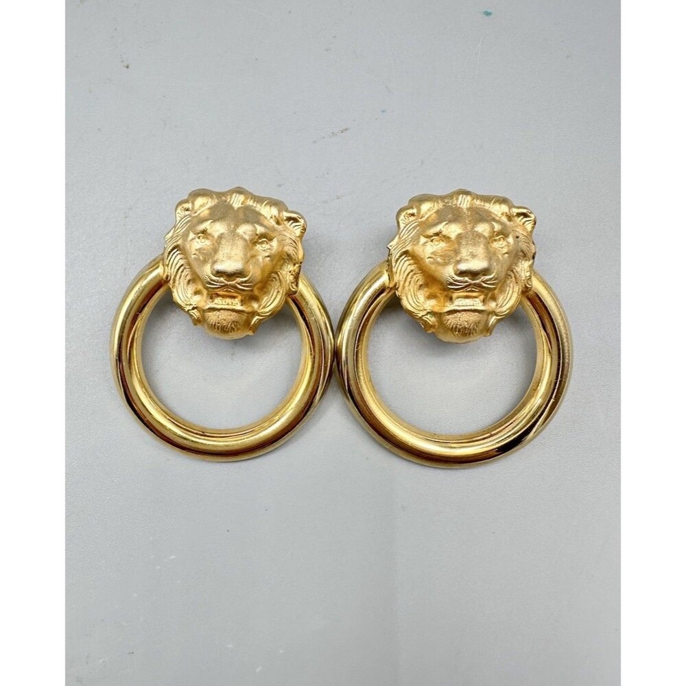Gold Tone Lionhead Hoop Pierced Earrings 1.75” Vintage